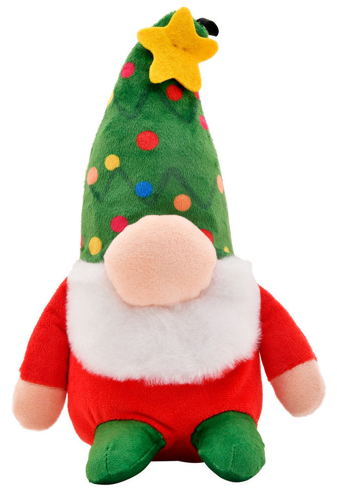 Snugarooz Holmes Gnome - Green Tree Hat - Squeaker & Crinkle Holiday Dog Toy (10")