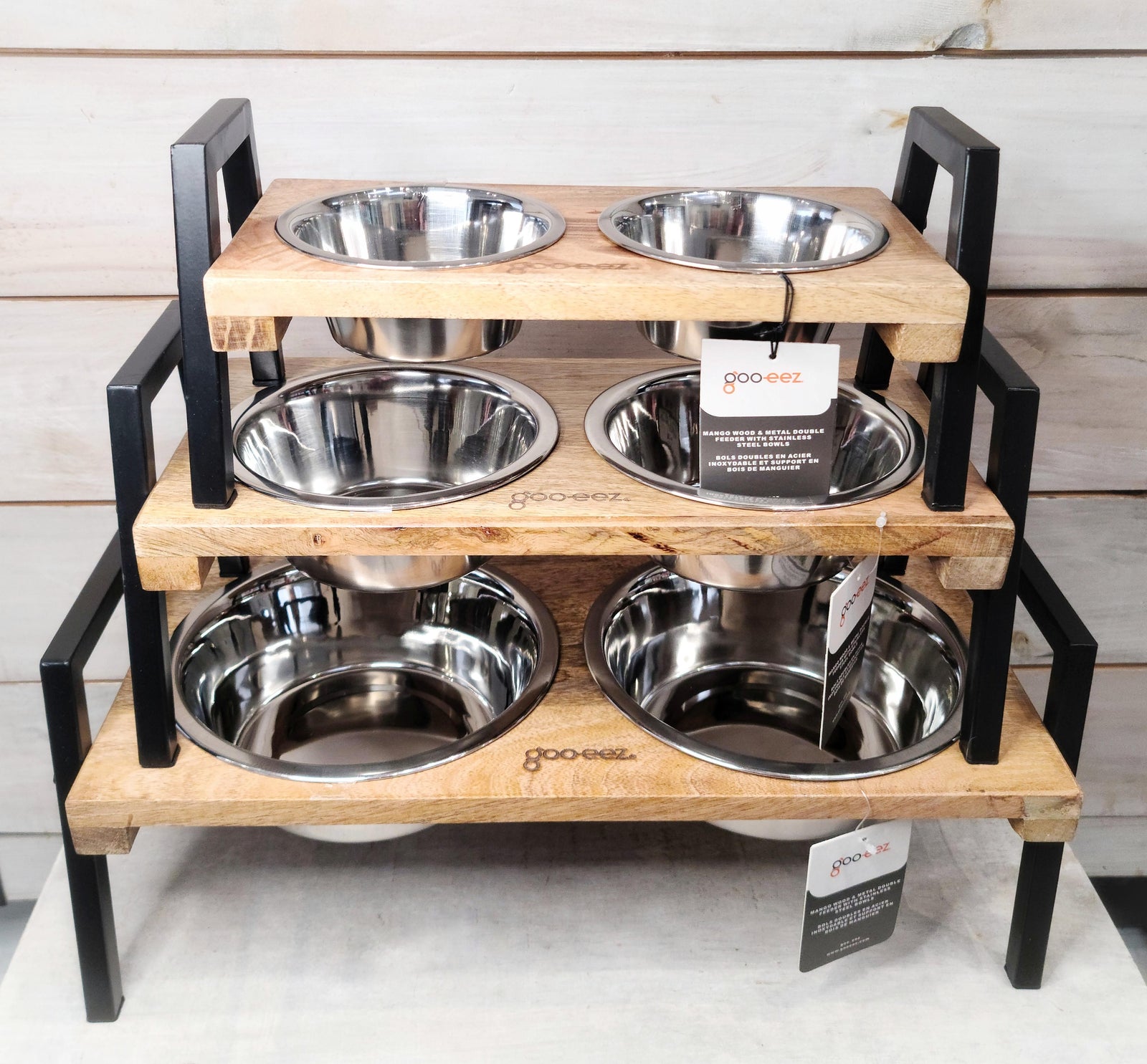 Goo-Eez Mango Wood & Metal Double Feeder with Stainless Steel Bowls