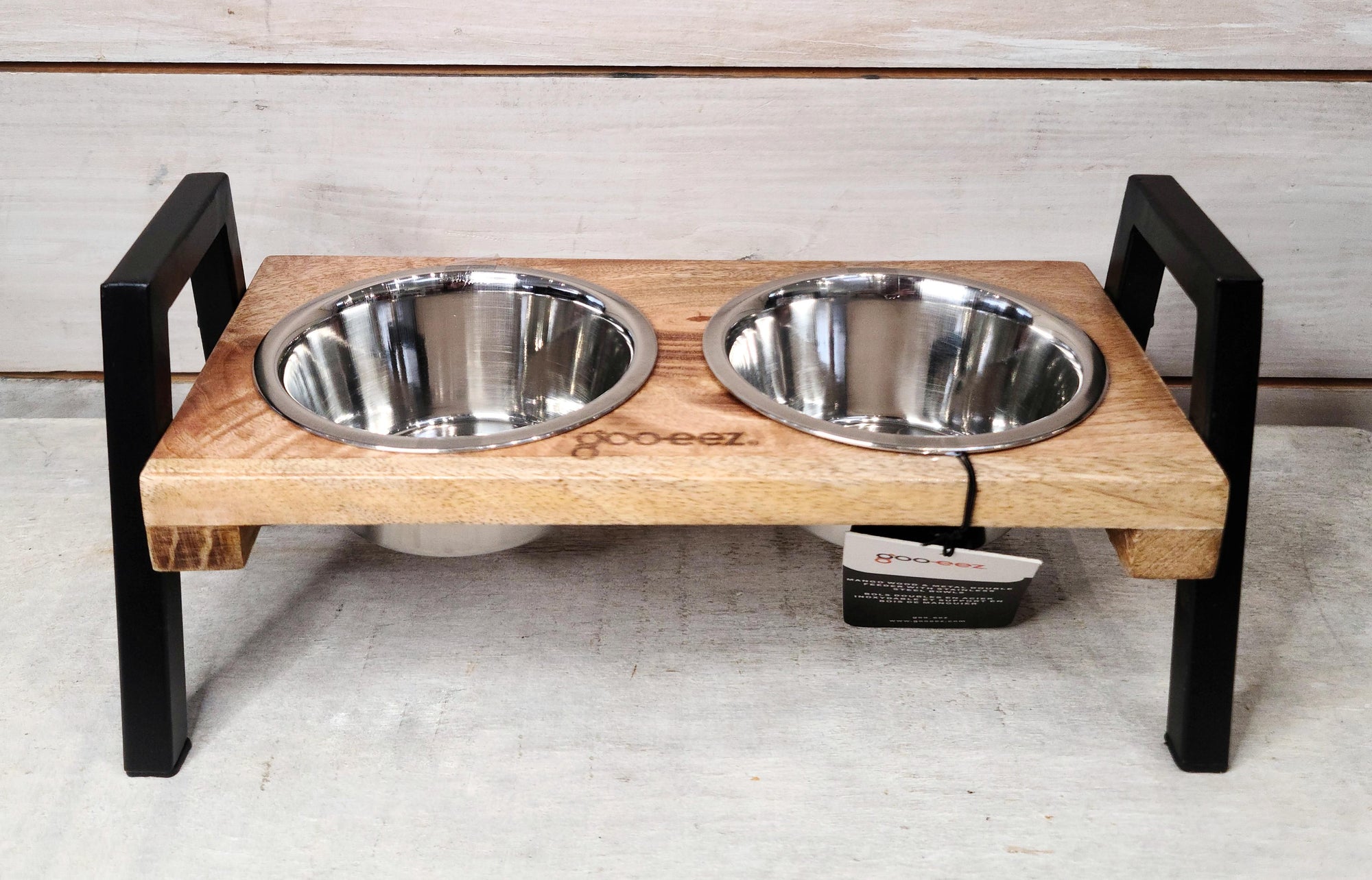 Goo-Eez Mango Wood &amp; Metal Double Feeder with Stainless Steel Bowls
