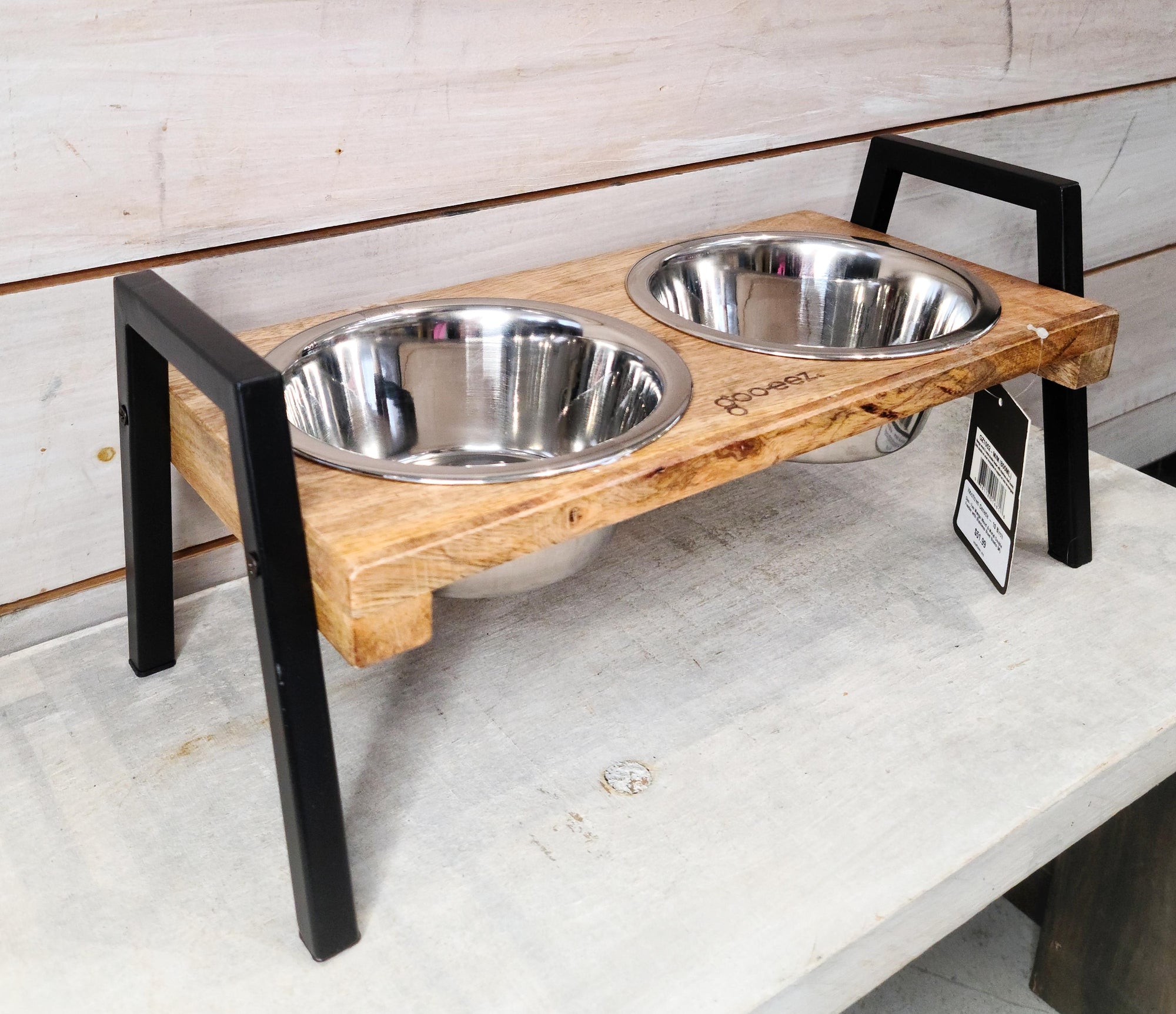 Goo-Eez Mango Wood &amp; Metal Double Feeder with Stainless Steel Bowls