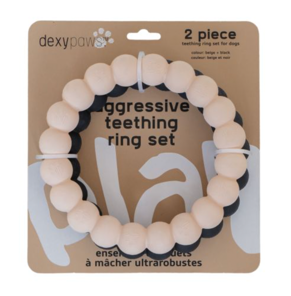 Dexypaws 2 Piece Aggressive Teething Ring Set - Beige & Black