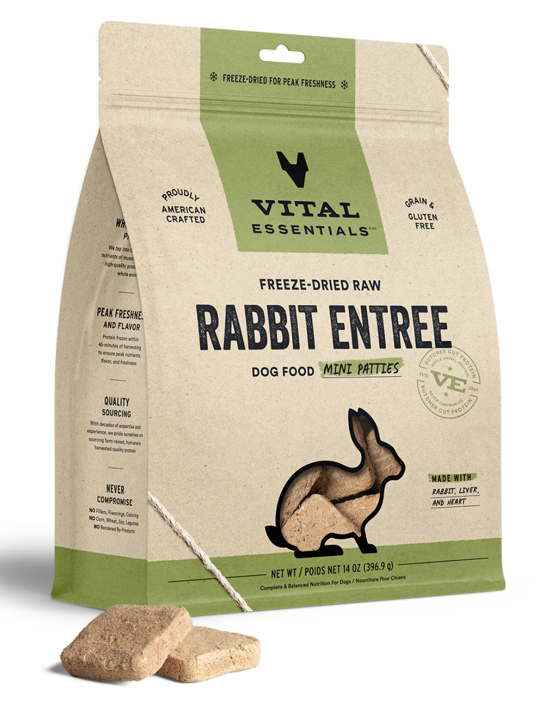 Vital Essentials Freeze-Dried Raw Rabbit Entree Mini Patties GF Dog Food (14oz/396.8g)