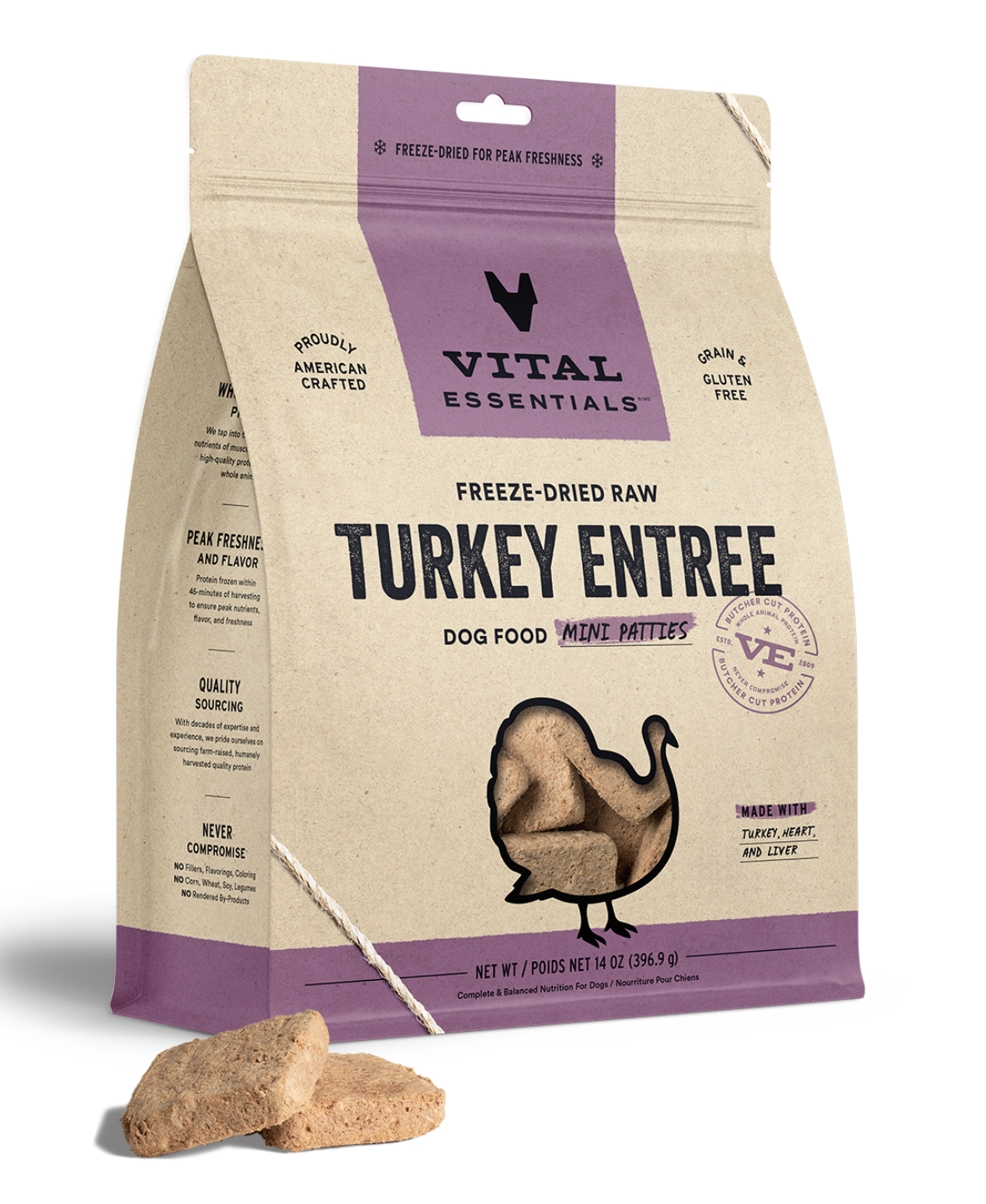 Vital Essentials Freeze-Dried Raw Turkey Entree Mini Patties GF Dog Food (14oz/396.8g)