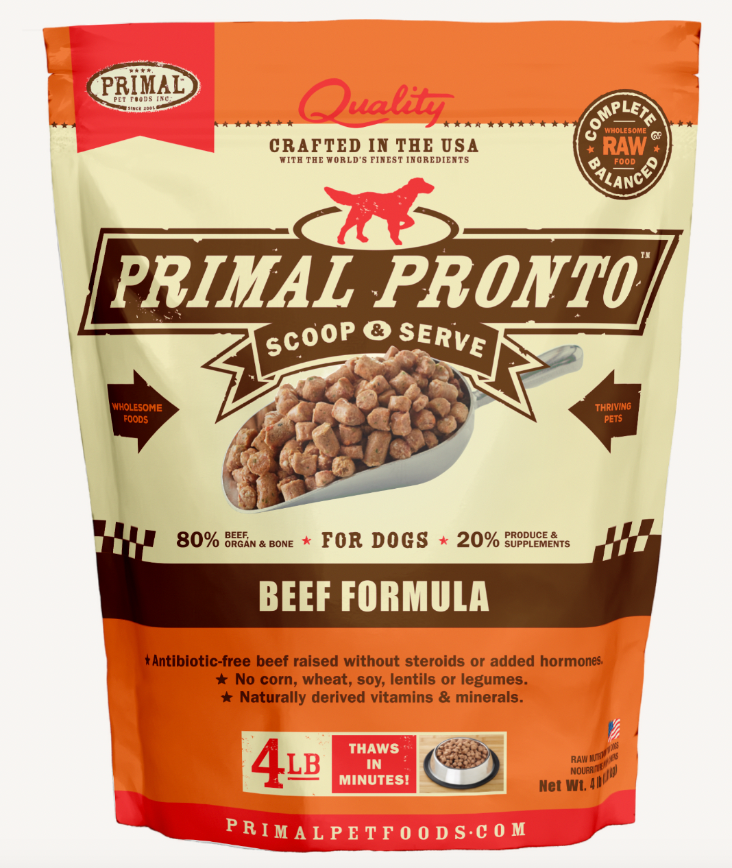 Primal Pronto Canine Raw Frozen Beef GF Dog Food 1.81kg 4lb Wooftown