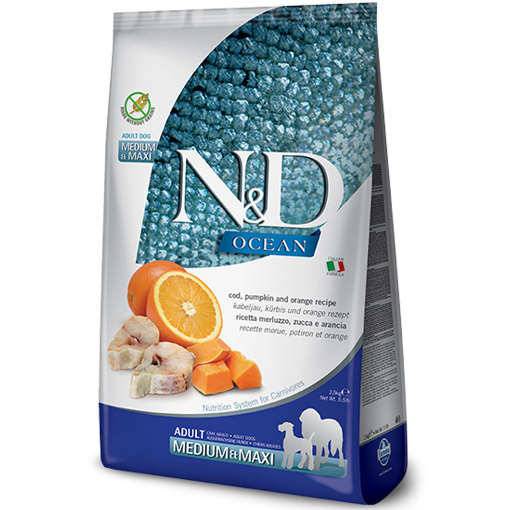 Farmina N&D Ocean - Cod, Pumpkin & Orange Med/Maxi Adult GF Dog Food (12kg/26.5lb)