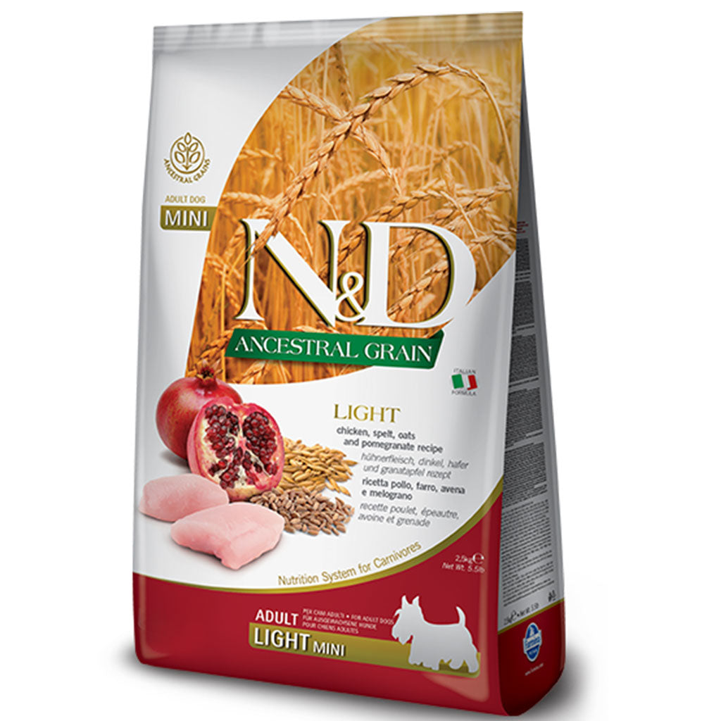 Farmina N&D Ancestral Grain - Chicken & Pomegranate LIGHT Mini Adult Dog Food (2.5kg/5.5lb)