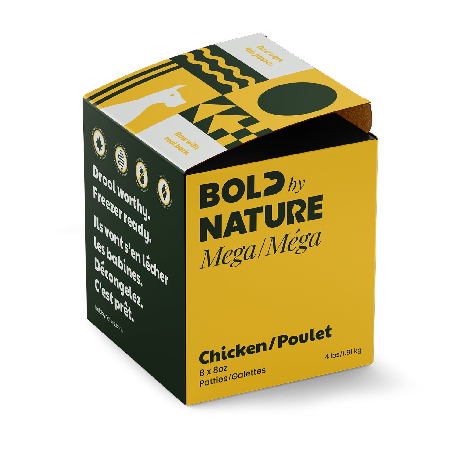 Bold by Nature - Mega Frozen Raw Chicken Patties Dog Food (4lb) - Small Yellow Box