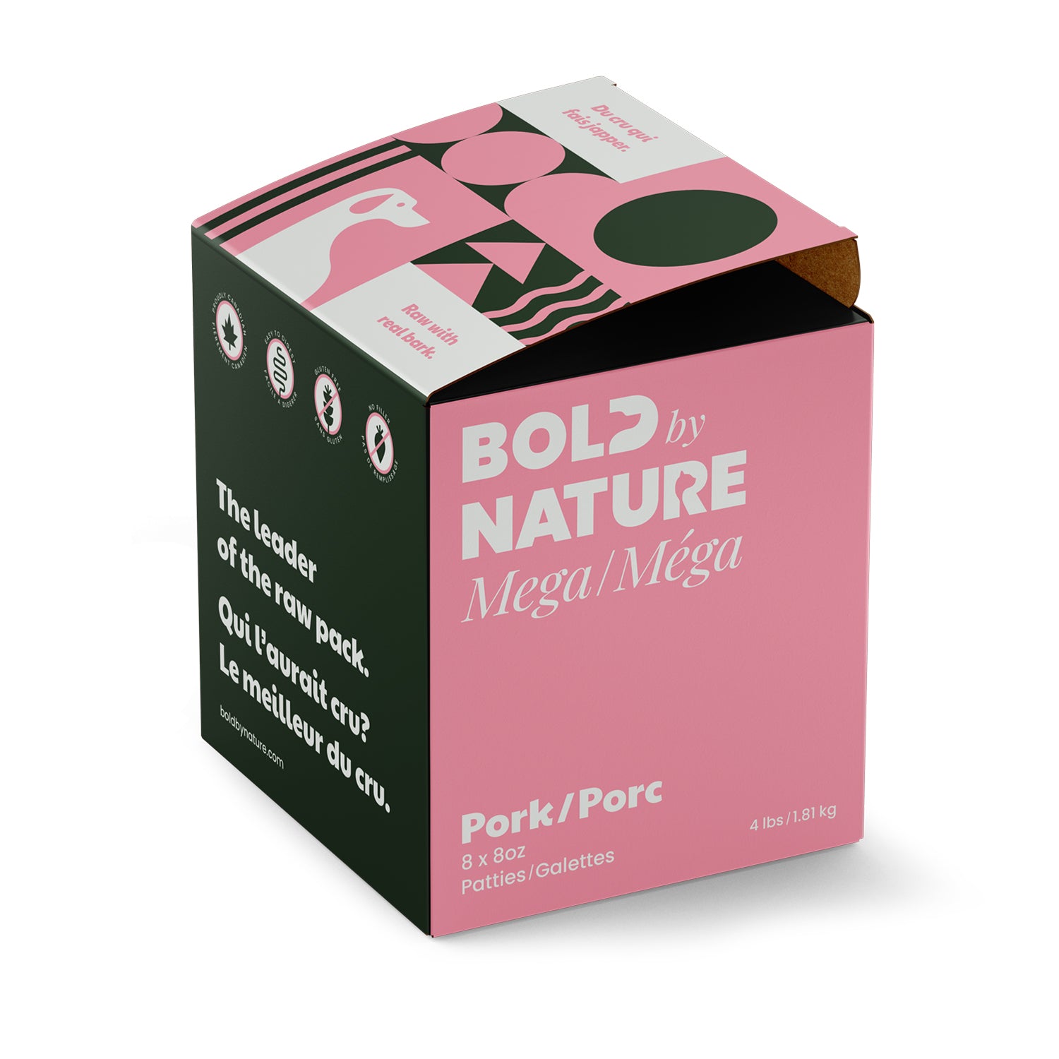 Bold by Nature - Mega Frozen Raw Pork Patties Dog Food (1.81kg/4lb) - Small Pink Box