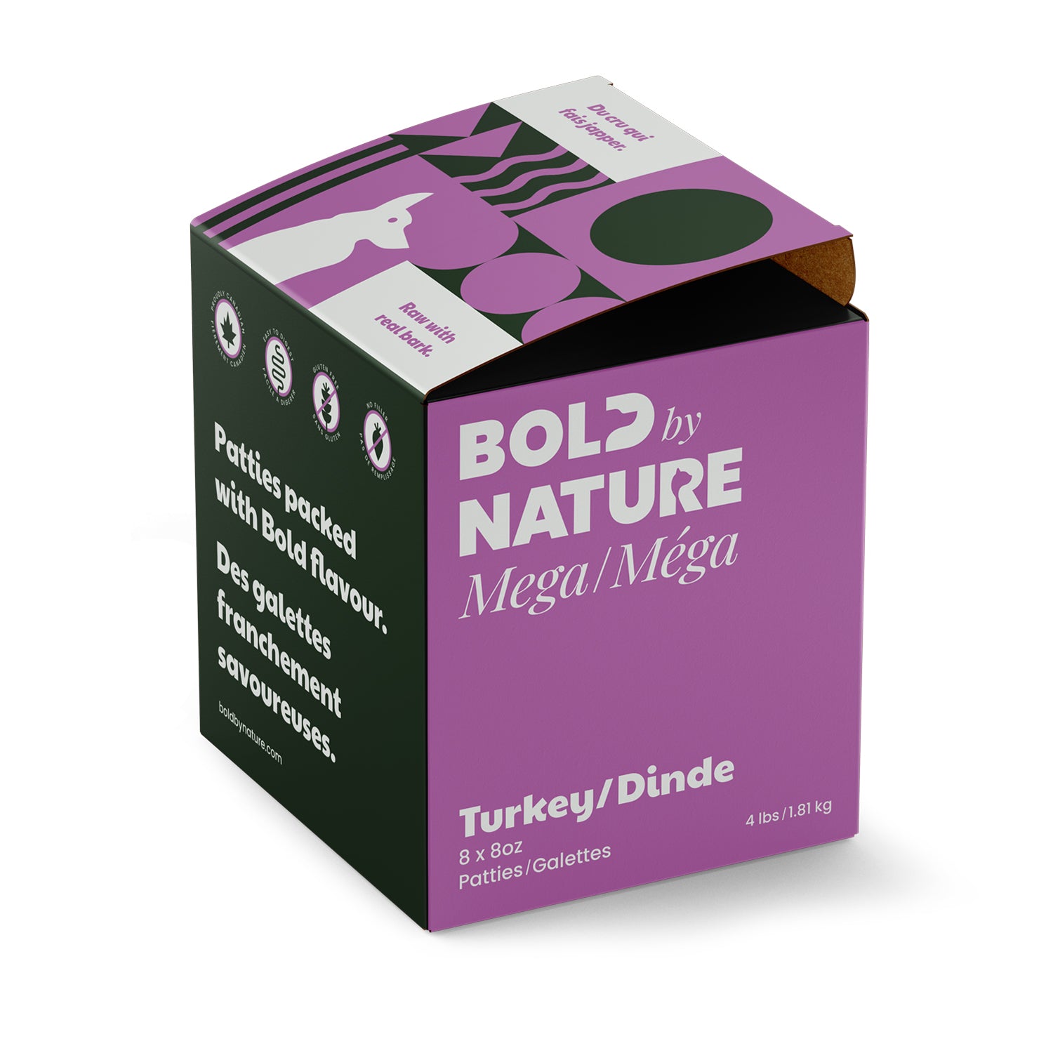 Bold by Nature - Mega Frozen Raw Turkey Patties Dog Food (1.81kg/4lb) - Small Purple Box